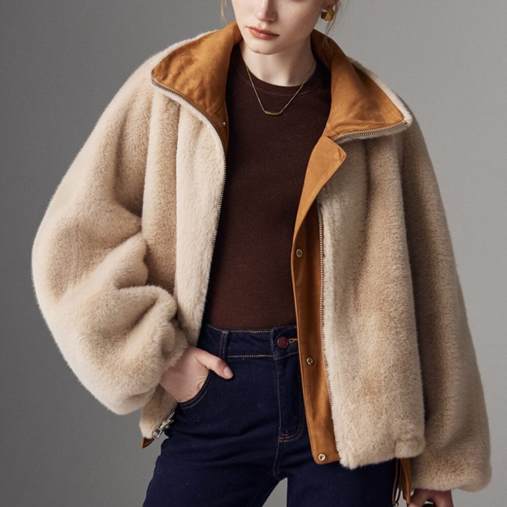 Teddy Fleece & Caramel Faux Suede Biker Bomber 2-in-1 Jacket